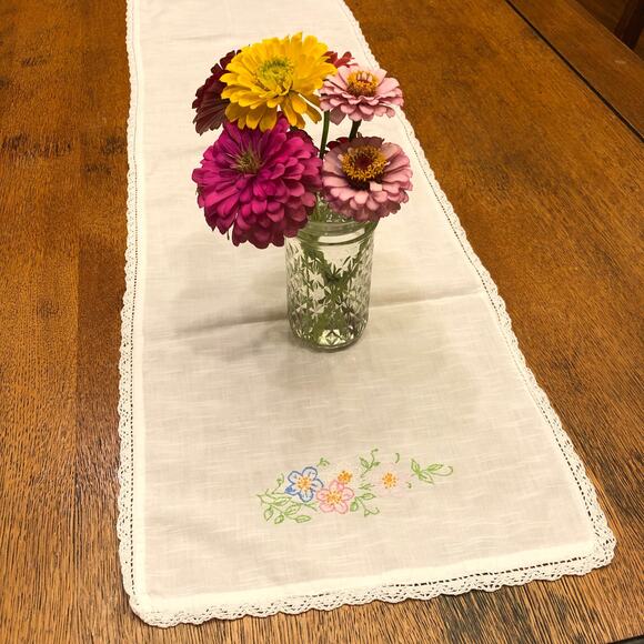 Vintage Table Runner Hand Embroidered Pink and Blue Flowers Crochet Edge 40"x12” - Picture 1 of 10